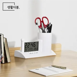 생활더봄 LCD 디지털 온습도 스탠드 펜꽂이 탁상 알람